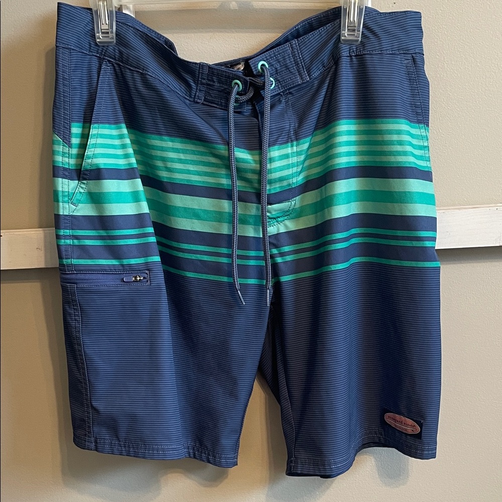 Vineyard Vines Navy Board Shorts with Teal and Aqua Stripes